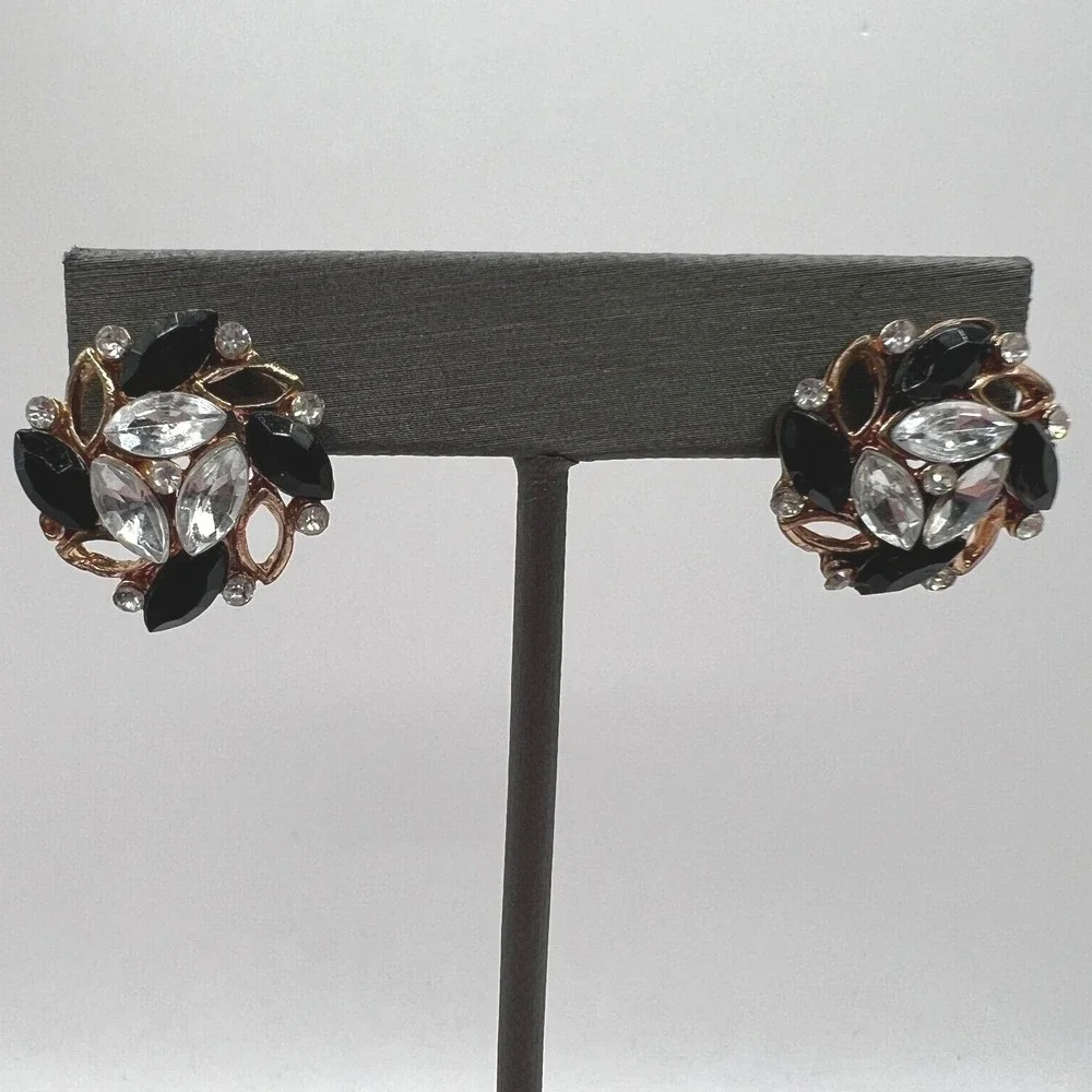 Vintage Rhinestone Pierced Earrings Black Blue Clear Stones Copper Tone